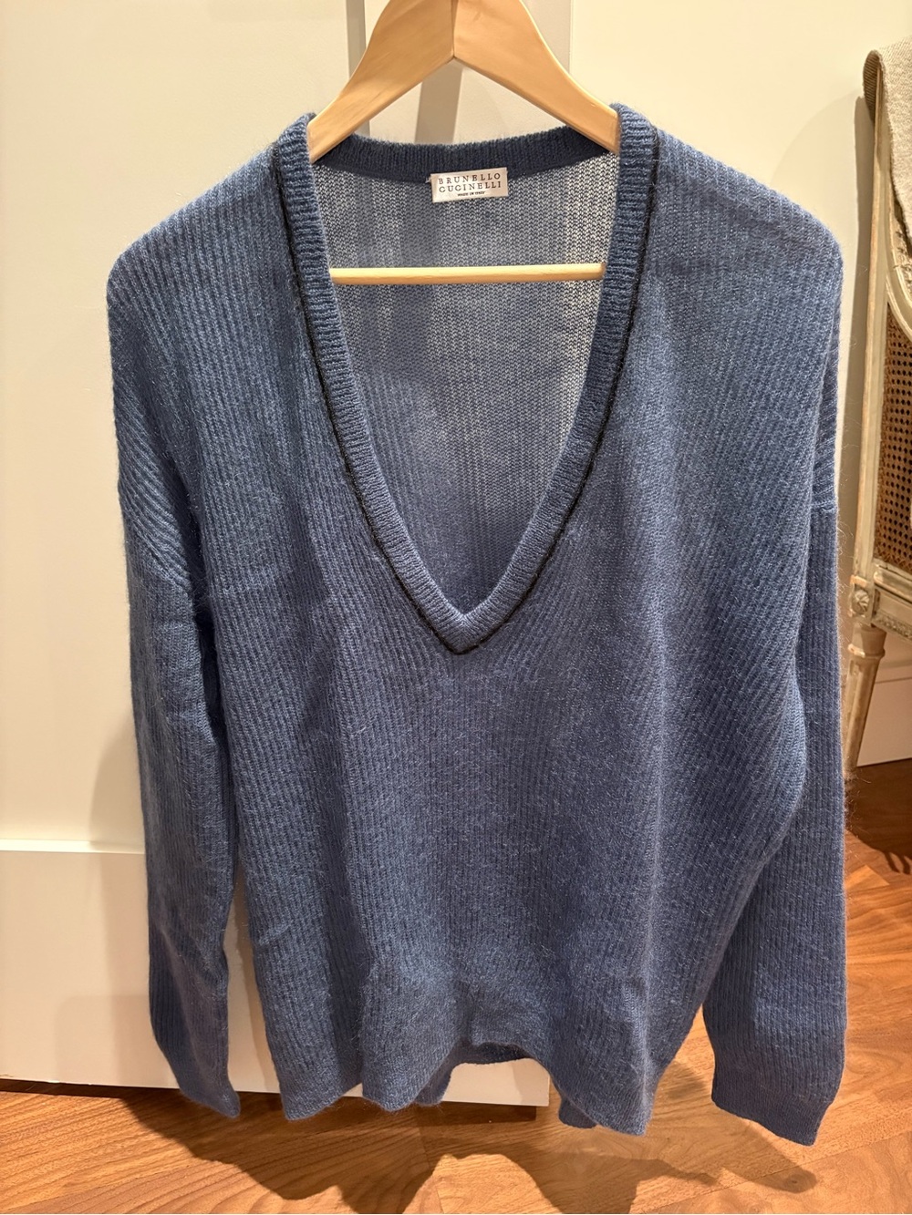 Brunello Cucinelli Slate Blue V‑Neck Wool-Silk Blend Sweater